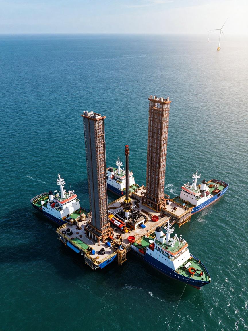 广西一海上风电示范项目开启首台风机基础海上施工作业第一张图