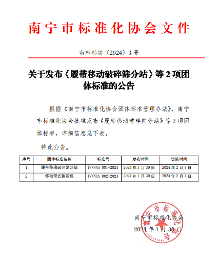 南宁发布履带移动破碎筛分站及带式输送机团体标准